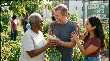 Joyful Community Gardeners Celebrating Harvest Together Outdoors
