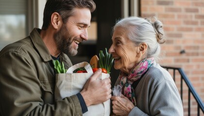 Heartwarming Moment Between Man and Elderly Woman with Groceries