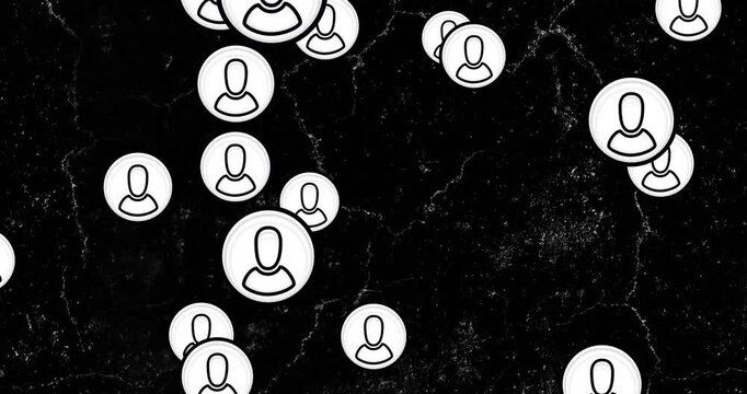 White circles multiplying, morphing into avatar icons then dispersing to illustrate user growth
