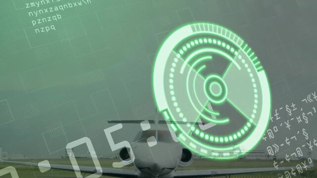 HUD overlay appearing at 00s scanning private jet nose while reticle rotating and jet taxiing