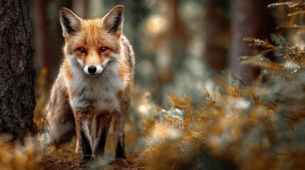 Obraz premium Majestic Red Fox Walking Through an Enchanted Autumn Forest with Golden Sunlight, Detailed Portrait of a Wild Fox in Soft Morning Light with Blurred Woodland Background and Vibrant Fall Foliage