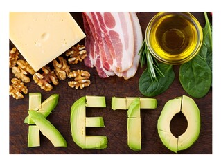 Keto Diet Ingredients - Avocado, Cheese, Bacon, Nuts and Olive Oil