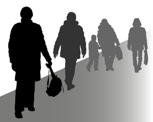 Five vector silhouettes of people in winter clothing.