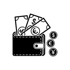 Wallet Icon with Cash and Multi Currency Coins