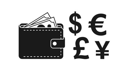 Horizontal Black Wallet Icon with Floating Currency