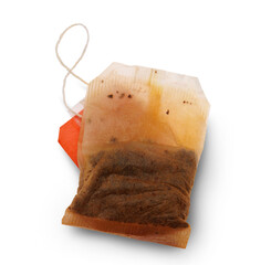 Used tea bag with label isolated on transparent background