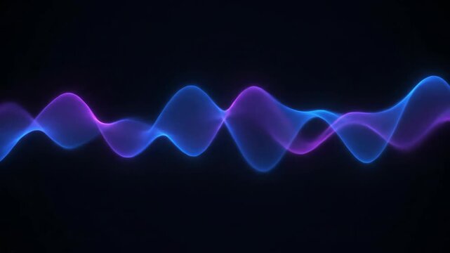 Abstract digital sound waves with glowing blue and purple frequency patterns on a dark background, depicting modern audio technology and dynamic data visualization