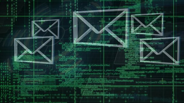 Animation of digital data processing over grid and email envelopes