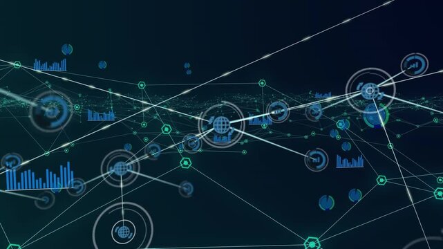 Animation of network of connections with icons over black background