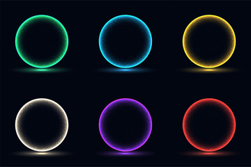 Set of glowing neon circles with sparkling particles and light reflection on dark background, vibrant energy rings in green blue yellow white purple red magic portal, tech design