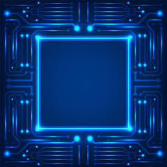 Futuristic Neon Blue Circuit Board Background with Glowing Digital Square Frame for Tech Design