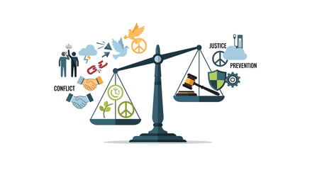 Fototapeta premium Vector illustration of balanced scales with symbols representing peace, business, and technology on International Day for the Prevention of Violent Extremism, conveying cyber security and