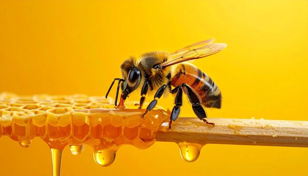 Honeybee in mid-flight near honey-dripping honeycomb against vibrant yellow background, emphasizing nature and pollination