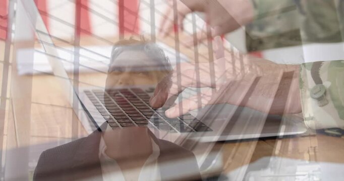 Animation of soldier using computer over businessmen
