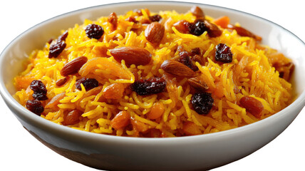 Traditional sweet saffron rice with almonds raisins dried fruit festive dessert bowl isolated on white background
