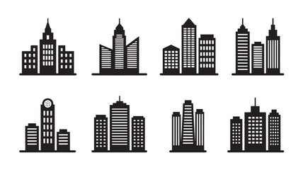 Obraz premium Collection of various city buildings and skyscrapers depicted in simple illustrations from a straightforward viewpoint