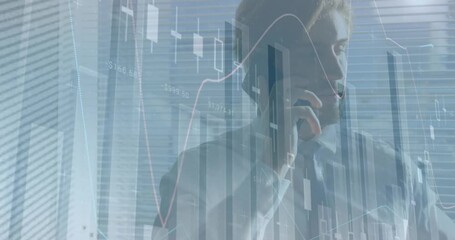 Animation of data processing over caucasian businessman talking on smartphone - Powered by Adobe