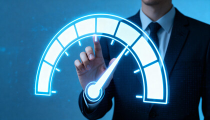 Business professional engaging with digital speedometer interface modern office stock photo futuristic environment close-up view efficiency concept