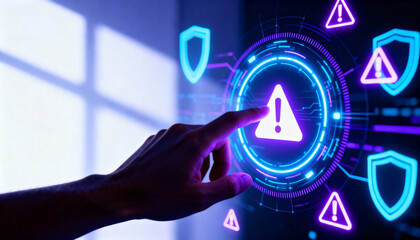 Cybersecurity alert interactive technology warning interface digital workspace graphic design futuristic environment close-up viewpoint