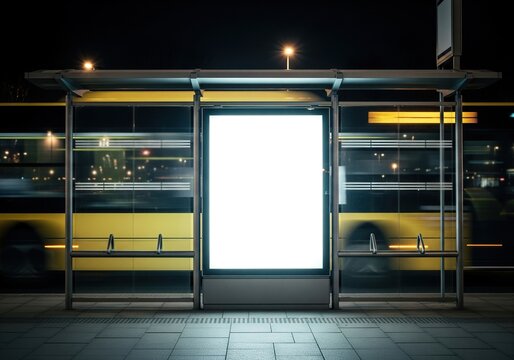 Empty bus stop advertising display at night with blank white screen