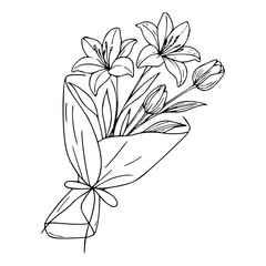 elegant flower bouquet with lilies and tulips line art illustration