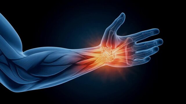 3D medical CG animation visualizing inflammation of the wrist joint and muscles