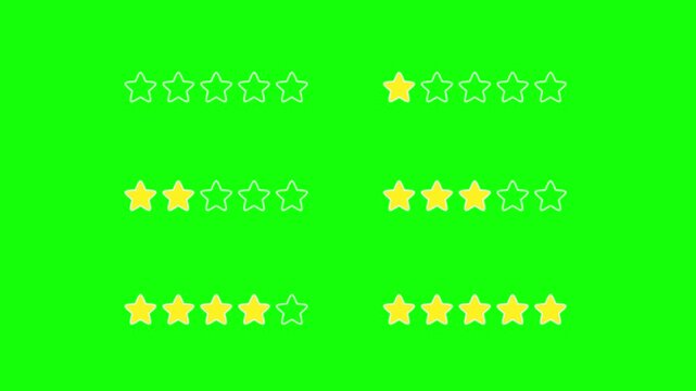 Star Rating Animation. Illustration depicting a dynamic star rating system with various levels of filled and outlined yellow stars on a vibrant green screen, visualizing user feedback. 4K Video.