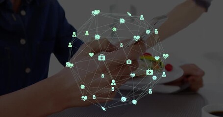 Animation of network of connections with icons over men using smartphone - Powered by Adobe