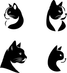 Fototapeta premium Black and white cat silhouette set, four poses, clean flat vector style, isolated on white.