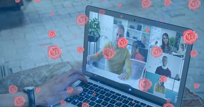 Animation of bitcoin icons over businesswoman using laptop