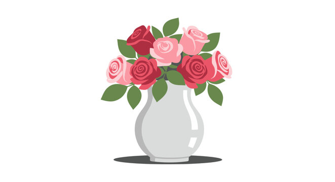 An elegant bouquet of red and pink roses with green leaves arranged in a classic light gray vase.