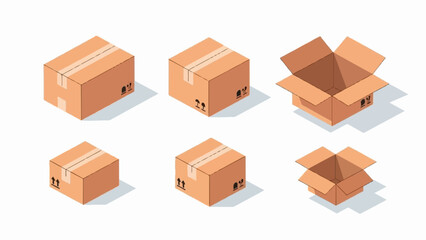 Fototapeta premium Six isometric cardboard boxes, three open and three closed, on white