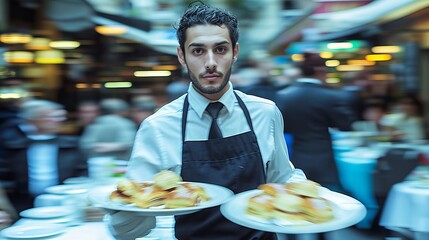 Dynamic restaurant scene  confident waiter in classic uniform balancing plates of appetizers