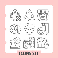 Fototapeta premium Set of nine thin line icons depicting time, industry, travel, emotions, energy, city and environment for web or mobile applications and user interfaces.