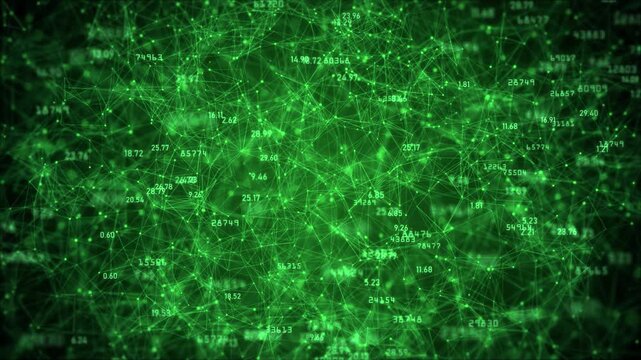 Green Digital Data Plexus Network with Glowing Nodes, Connected Lines and Floating Numbers, Futuristic AI and Big Data Technology Background.