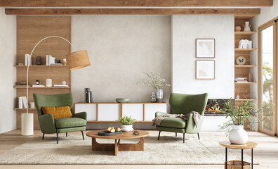 Obraz premium Contemporary Nordic Living Room with fireplace and Natural Materials, 3d render