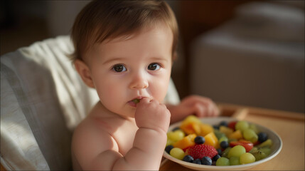 A cheerful baby in a high chair enjoys a colorful assortment of fruits, showcasing vibrant colors and textures that engage the senses of those who love adorable moments of early childhood eating.