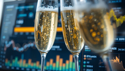 Champagne glasses celebrating business success with financial charts