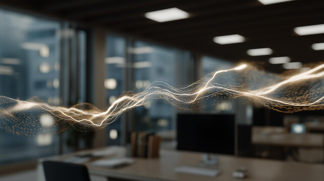 A conceptual visualization represents continuous information transfer as a data stream that flows through a virtual pipeline, glowing softly under ambient light in a futuristic setting. cinematic