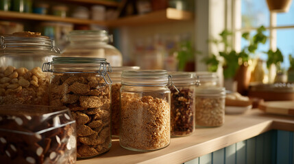 A bustling kitchen pantry filled with organized junk boxes for snacks and staples, each clearly marked and arranged, presenting a practical solution for maintaining order and accessibility in food
