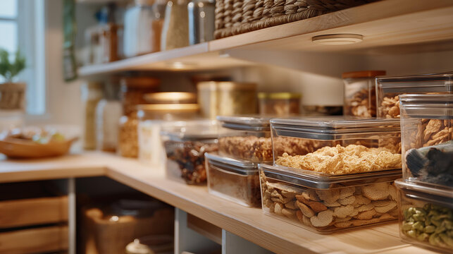 A bustling kitchen pantry filled with organized junk boxes for snacks and staples, each clearly marked and arranged, presenting a practical solution for maintaining order and accessibility in food