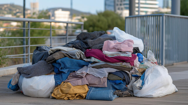 A pile of household waste sits in an urban environment, showcasing the various discarded items people often throw away, highlighting the importance of recycling in modern waste management