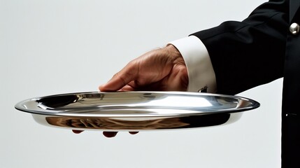 Elegant waiter holding silver tray in classic restaurant setting with clean white background