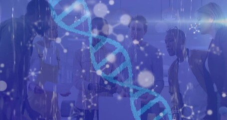 Animation of dna strand and falling molecules over diverse group of business people - Powered by Adobe