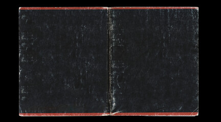 Worn black notebook cover spread with red border on black background