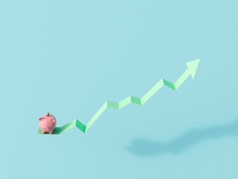 Piggy bank with upward arrow symbolizing financial growth in 3D rendering