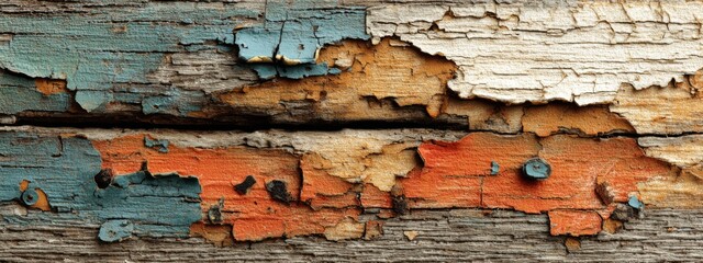 Obraz premium Detailed Close-Up of Peeling Paint on Weathered Wood with Vibrant Textures and Colors