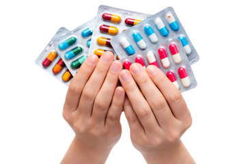 Closeup of two hands holding various colorful medicine pill blister packs for medical health care treatment and pharmacy drug prescription concept isolated on transparent background