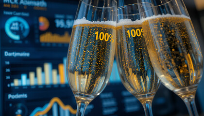 Champagne glasses with 100% success rate against business graphs