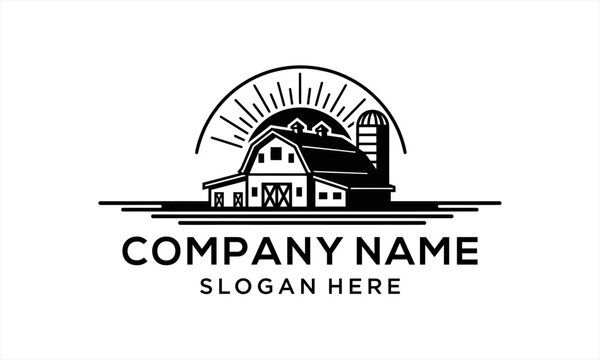 Rustic Farmhouse and Silo with Sunburst Logo Design.